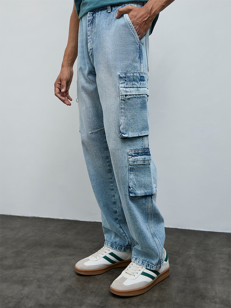 Nuon Blue Relaxed-Fit Mid-Rise Cargo Jeans