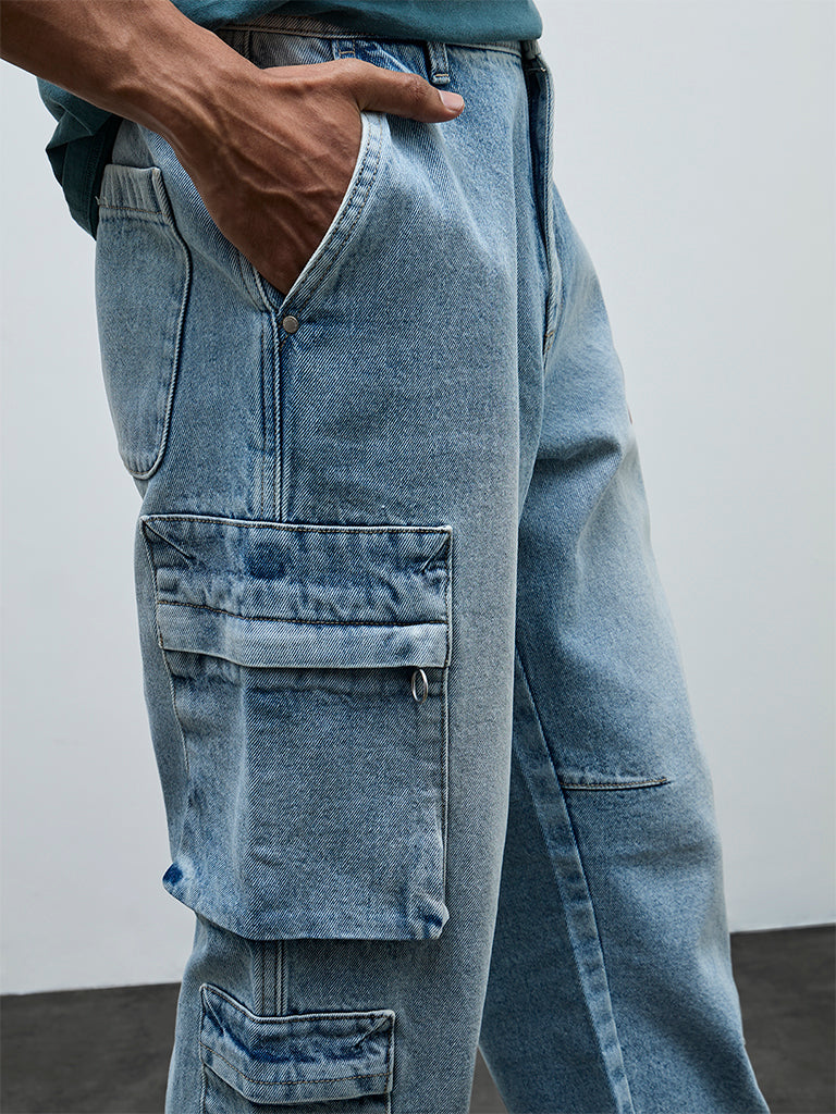 Nuon Blue Relaxed-Fit Mid-Rise Cargo Jeans