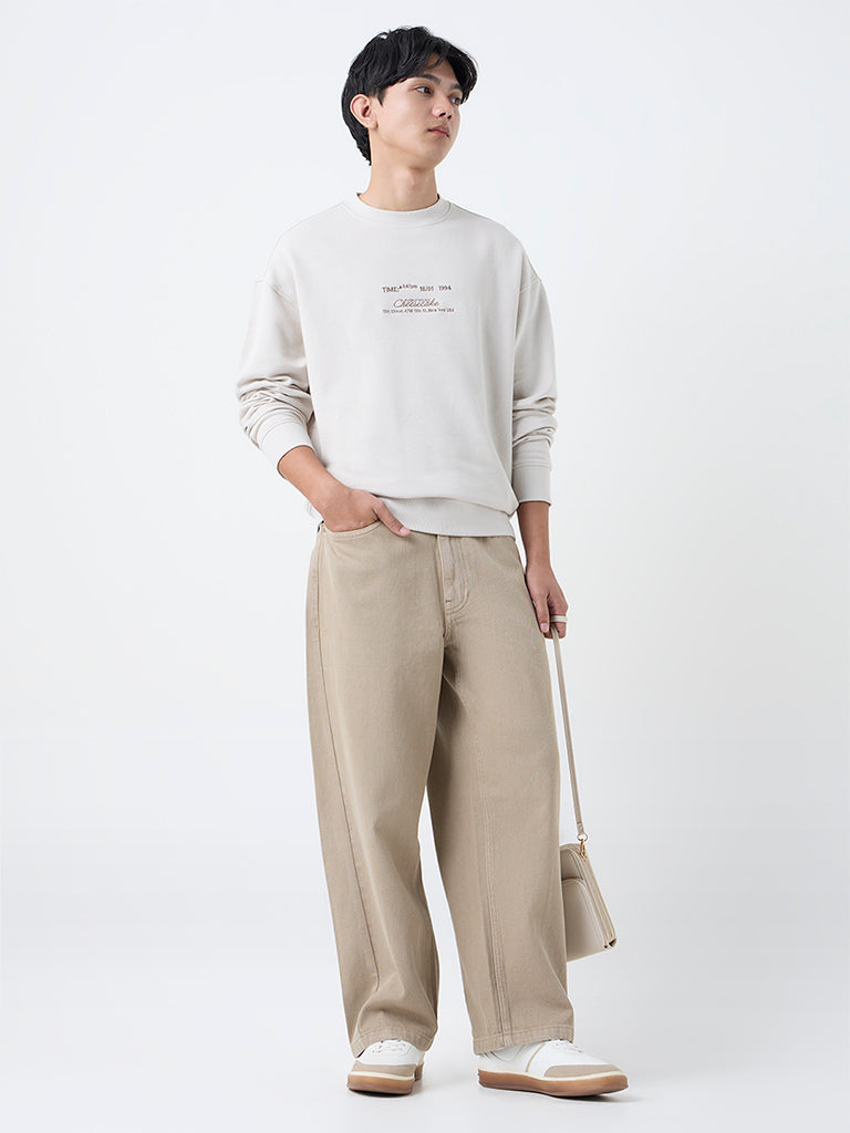 Nuon Beige Faded Relaxed-Fit Mid-Rise Jeans