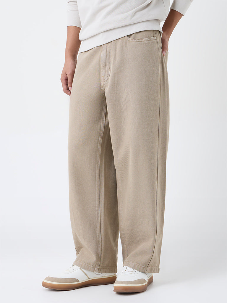 Nuon Beige Faded Relaxed-Fit Mid-Rise Jeans