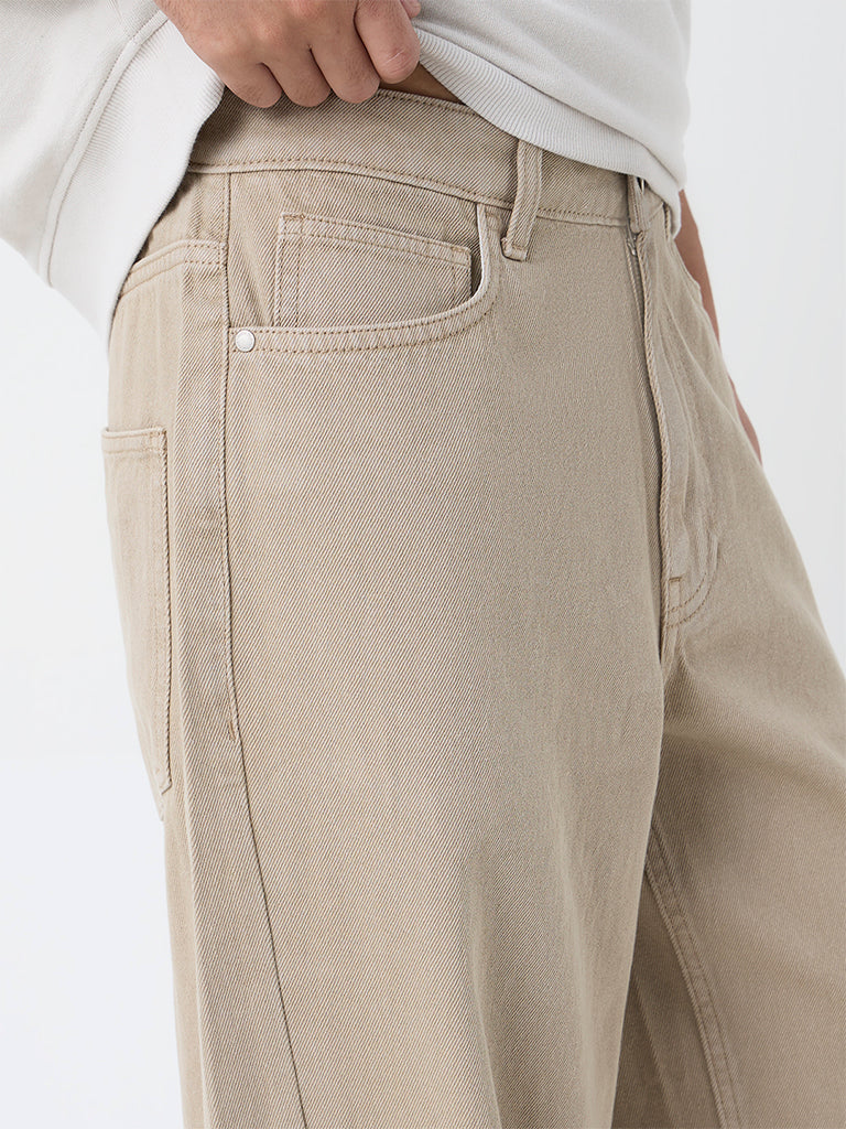 Nuon Beige Faded Relaxed-Fit Mid-Rise Jeans