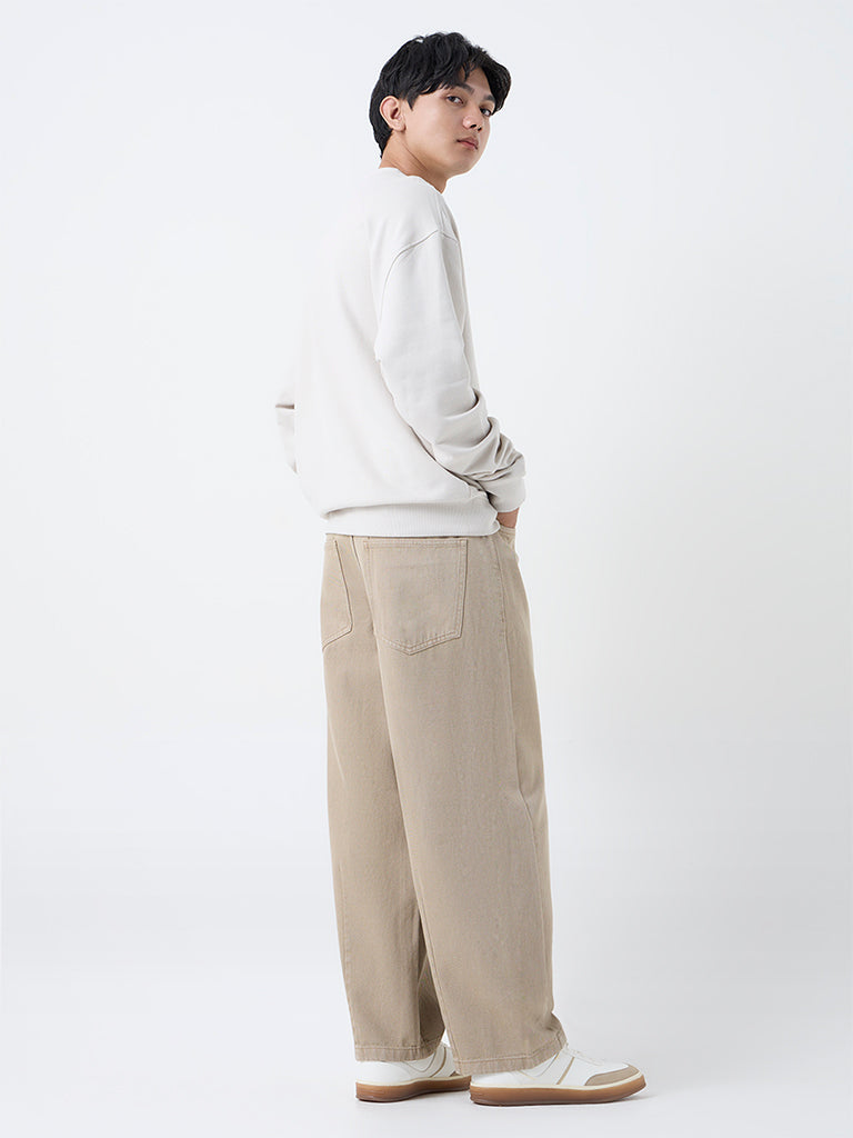 Nuon Beige Faded Relaxed-Fit Mid-Rise Jeans