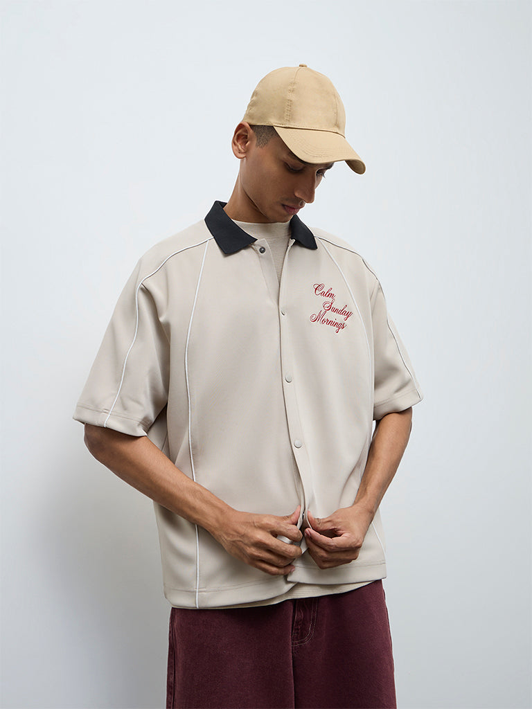 Nuon Beige Typographic Relaxed-Fit Shirt