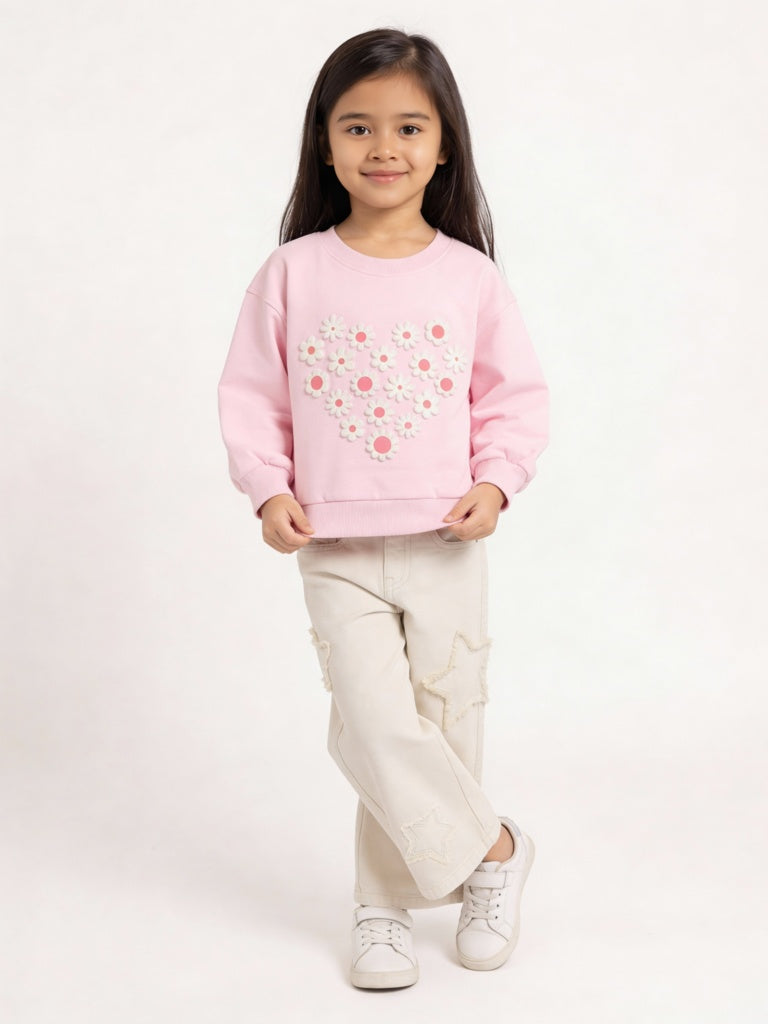 HOP Kids Girls Pink Floral Design Cotton-Blend Sweatshirt