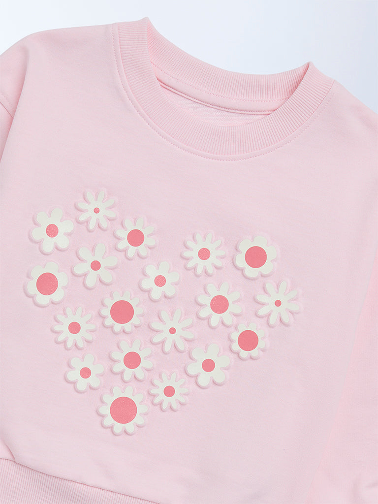 HOP Kids Girls Pink Floral Design Cotton-Blend Sweatshirt