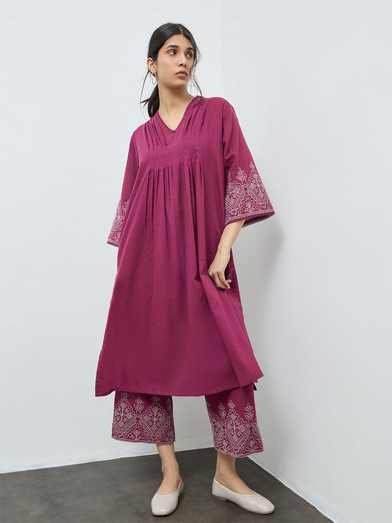 Utsa Magenta Embroidered Cotton A-Line Kurta