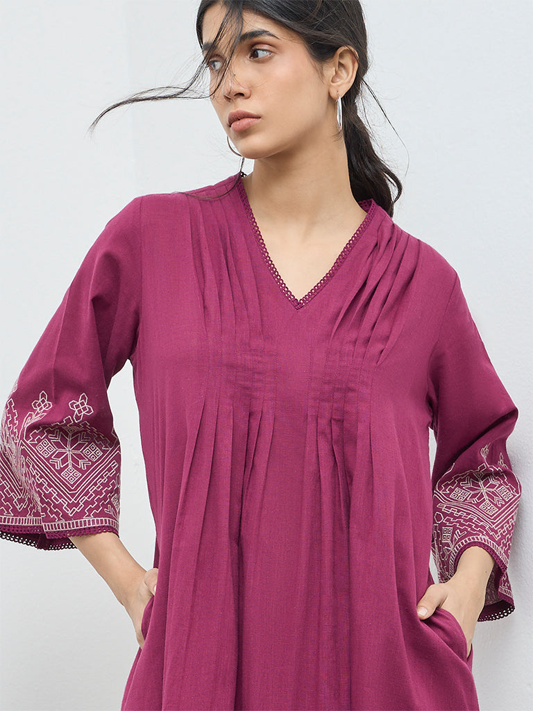 Utsa Magenta Embroidered Cotton A-Line Kurta
