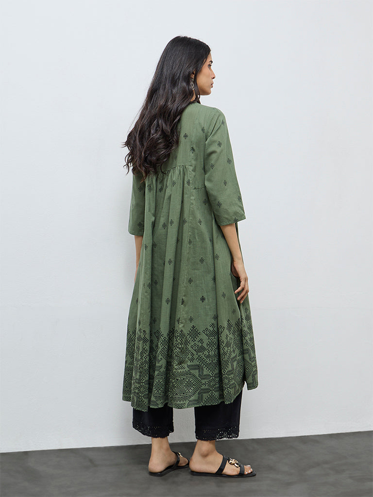 Utsa Green Embroidered Cotton A-Line Kurta