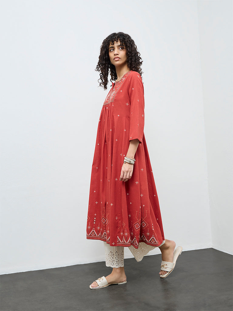 Utsa Red Floral Embroidered Cotton Anarkali Kurta