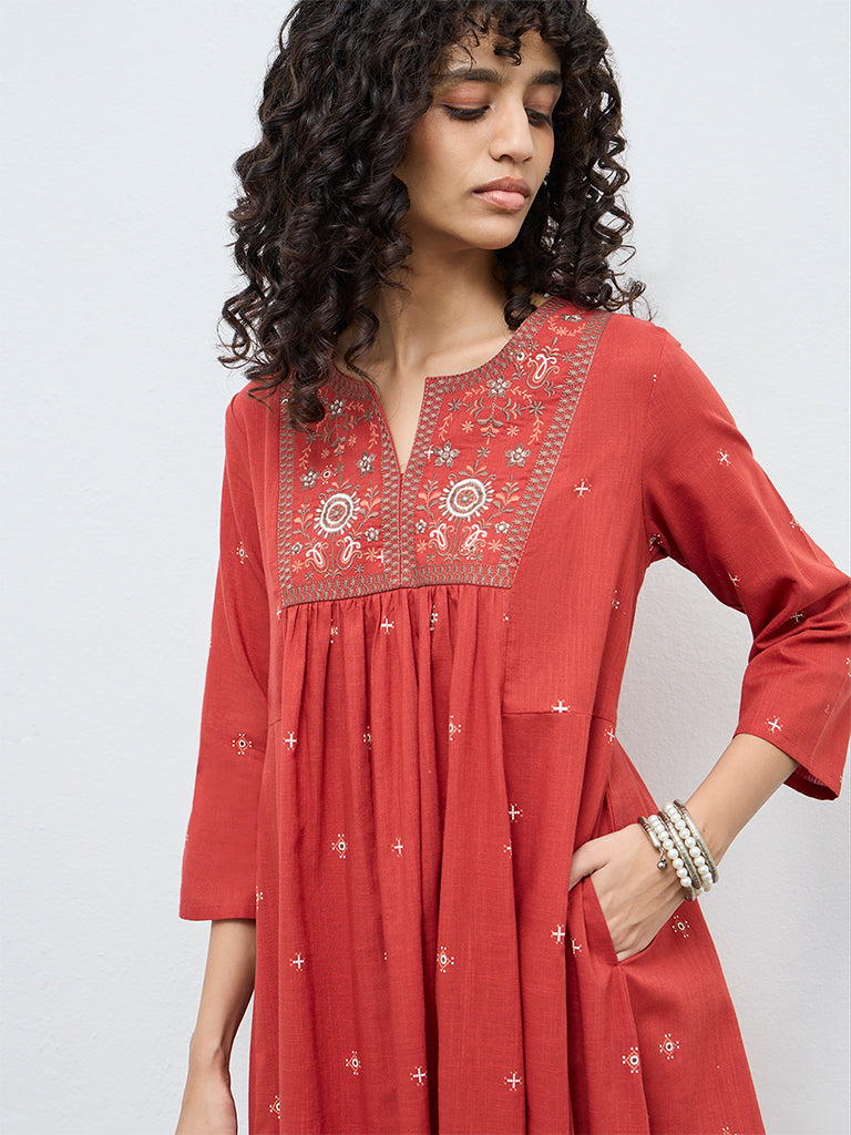 Utsa Red Floral Embroidered Cotton Anarkali Kurta