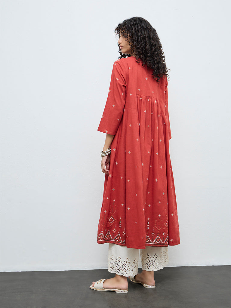 Utsa Red Floral Embroidered Cotton Anarkali Kurta