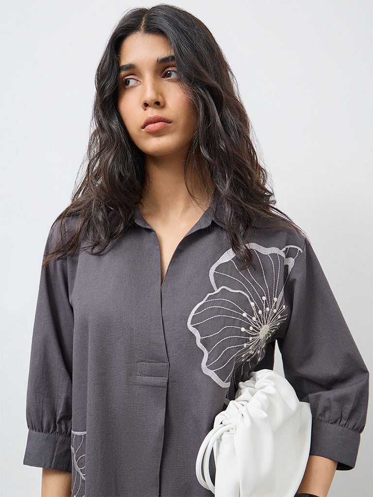 Utsa Grey Floral Embroidered Cotton-Blend High-Low Kurta