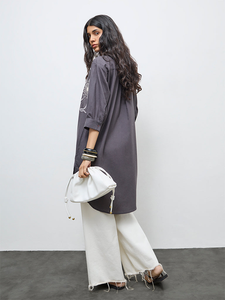 Utsa Grey Floral Embroidered Cotton-Blend High-Low Kurta