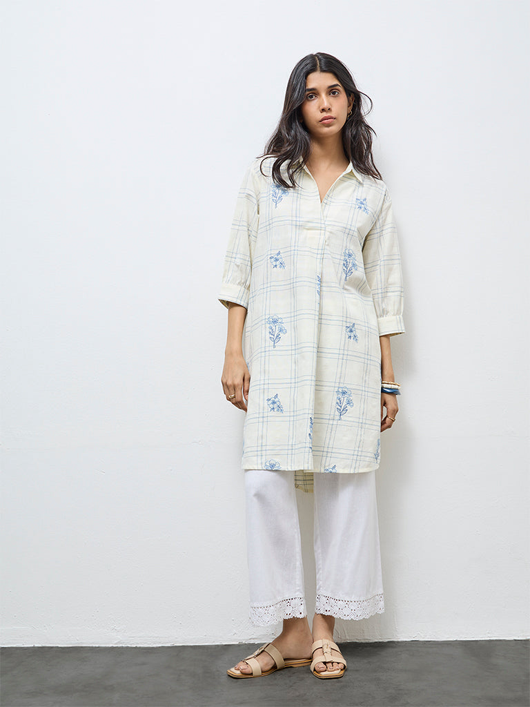 Utsa Off-White Floral Embroidered Cotton Kurta