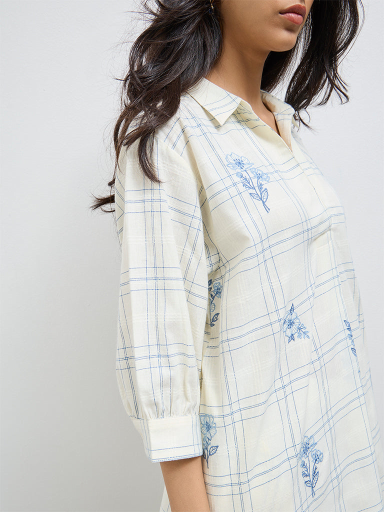 Utsa Off-White Floral Embroidered Cotton Kurta
