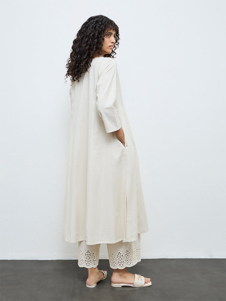 Utsa Off-White Embroidered Cotton-Blend Anarkali Kurta