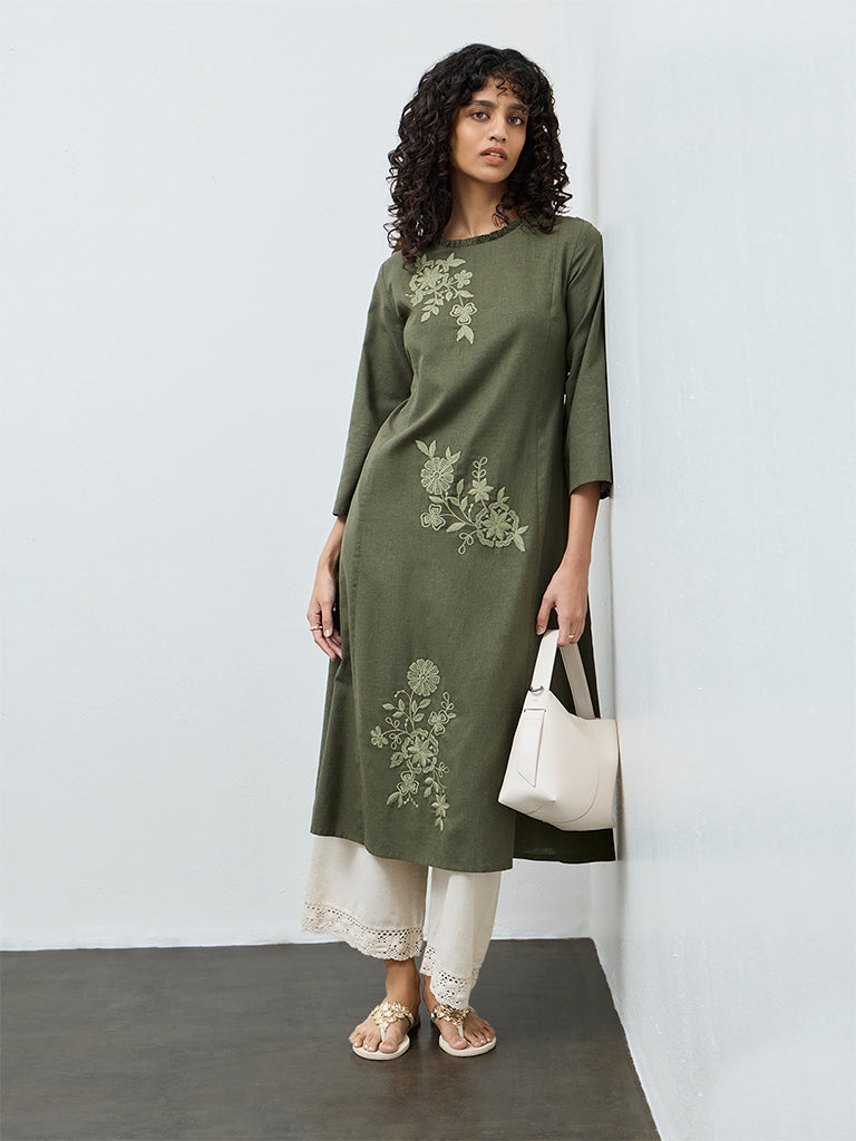 Utsa Olive Floral Embroidered Cotton A-Line Kurta
