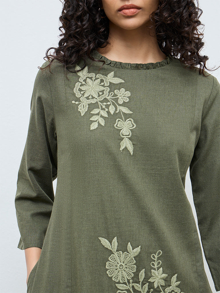 Utsa Olive Floral Embroidered Cotton A-Line Kurta