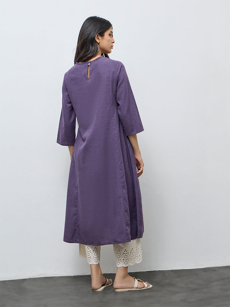 Utsa Purple Floral Embroidered A-Line Cotton Kurta