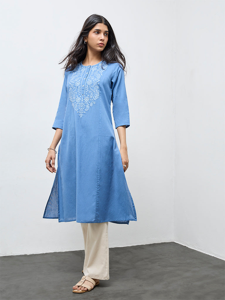Utsa Blue Floral Embroidered Cotton-Blend A-Line Kurta