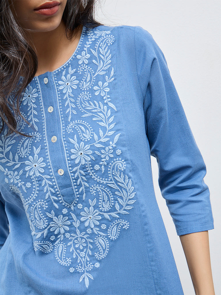 Utsa Blue Floral Embroidered Cotton-Blend A-Line Kurta