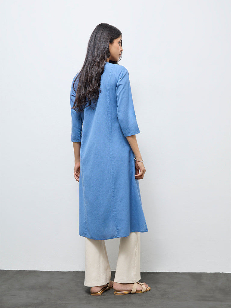 Utsa Blue Floral Embroidered Cotton-Blend A-Line Kurta