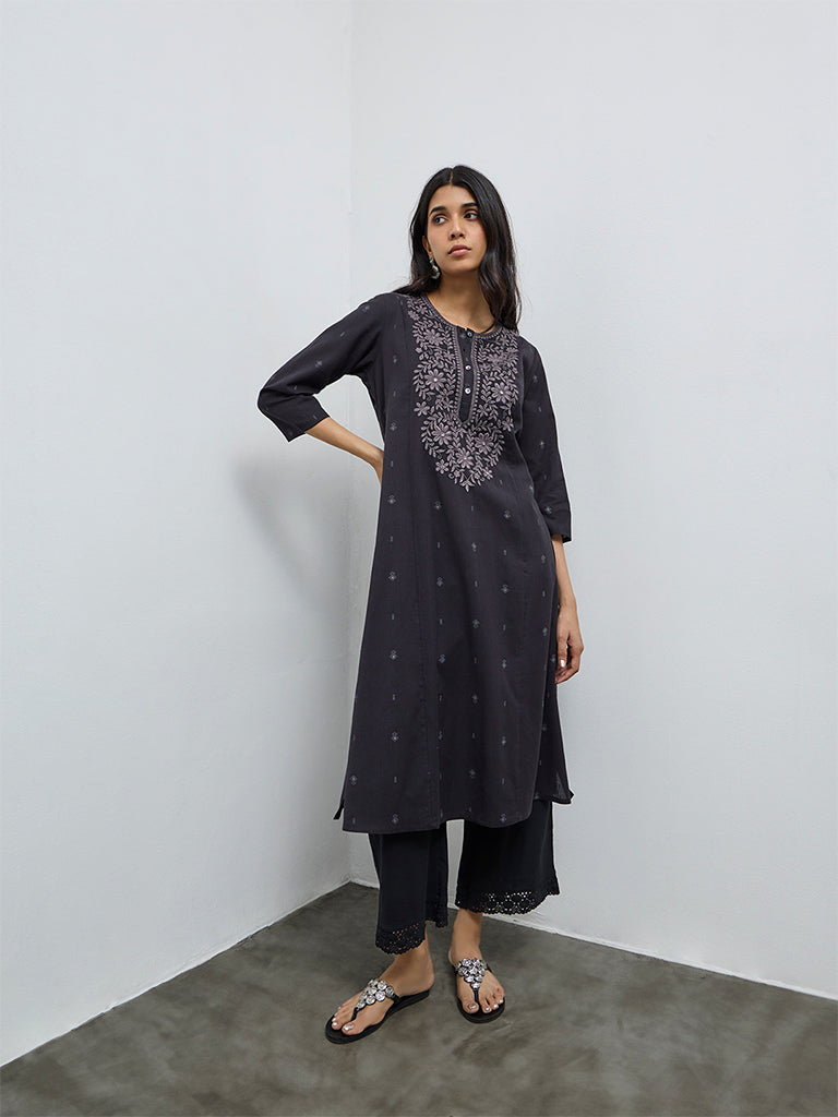 Utsa Black Floral Embroidered Cotton-Blend A-Line Kurta