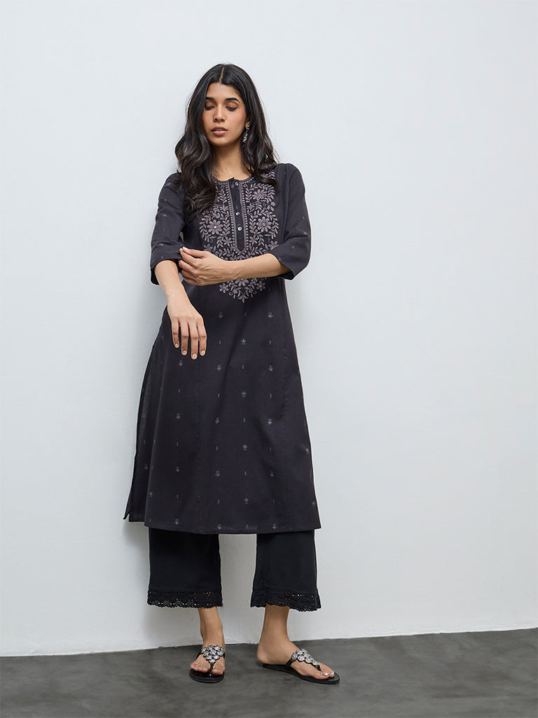Utsa Black Floral Embroidered Cotton-Blend A-Line Kurta
