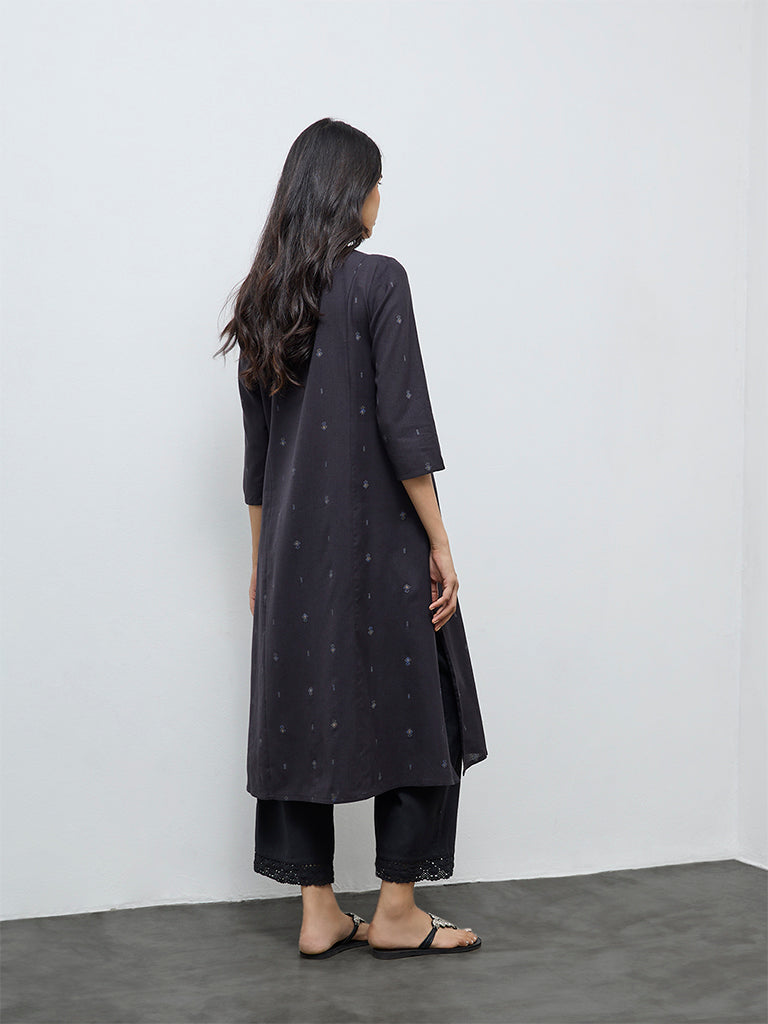 Utsa Black Floral Embroidered Cotton-Blend A-Line Kurta