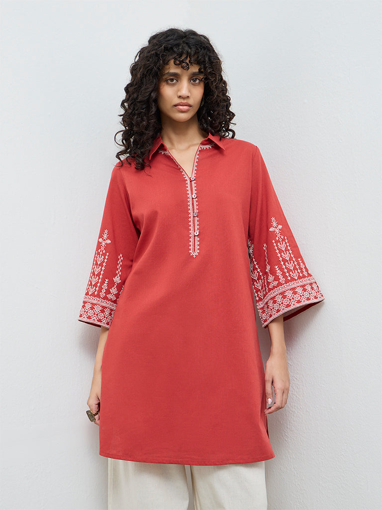 Utsa Red Embroidered Cotton-Blend A-Line Kurta