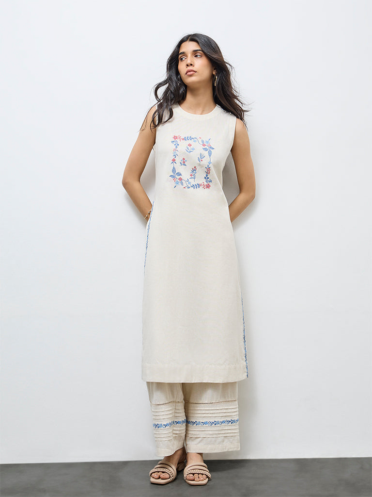 Utsa Off-White Floral Embroidered A-Line Cotton-Blend Kurta