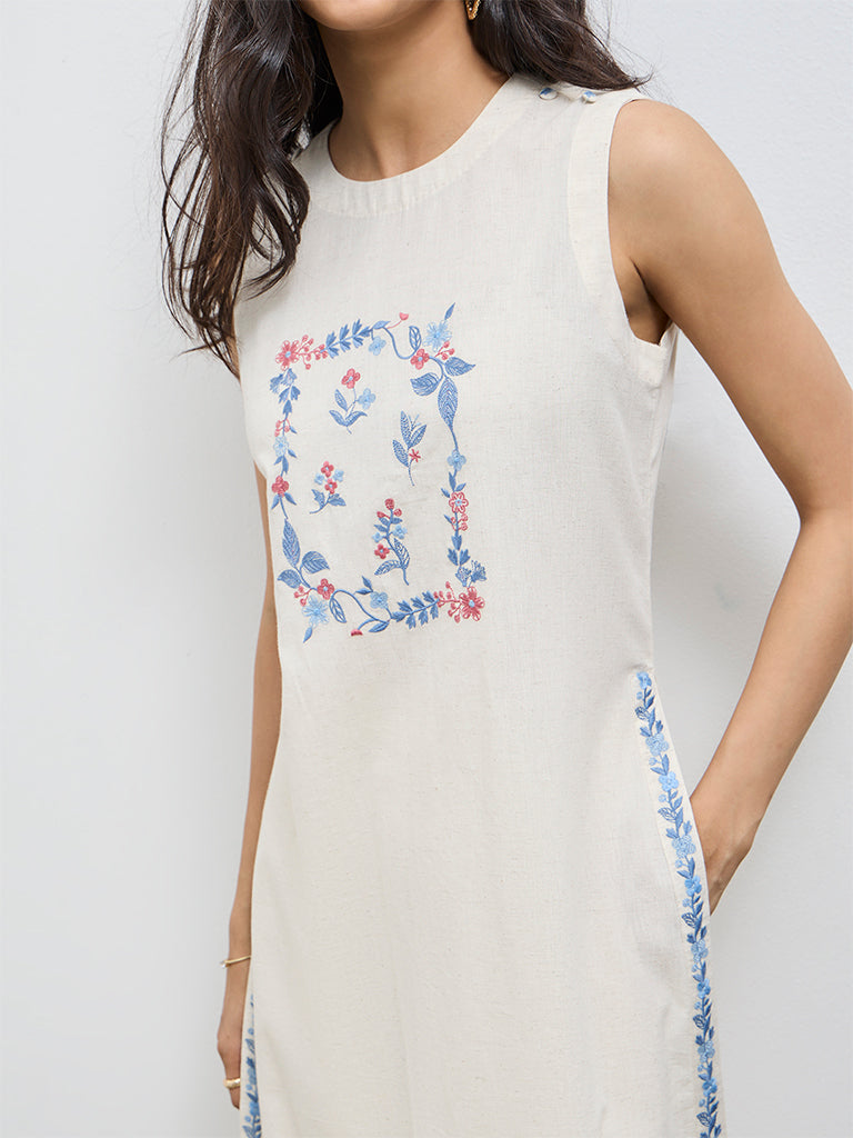 Buy Utsa Off-White Floral Embroidered A-Line Cotton-Blend Kurta from  Westside