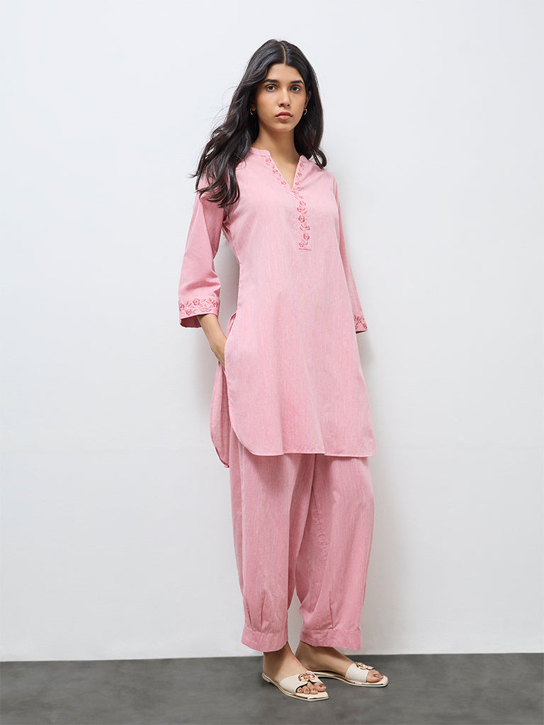 Utsa Light Pink Floral Embroidered Cotton A-Line Kurta