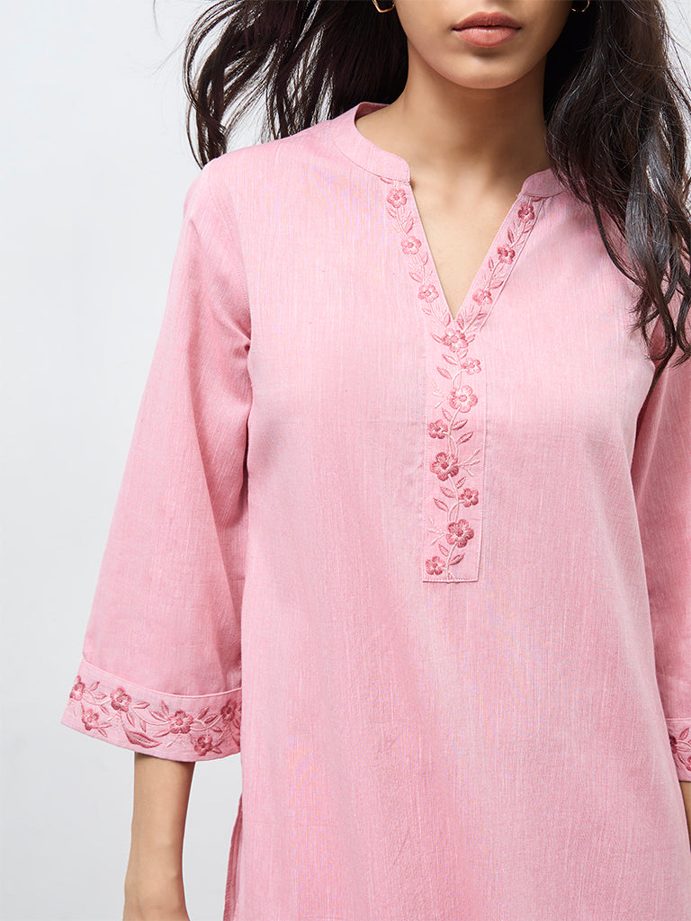 Utsa Light Pink Floral Embroidered Cotton A-Line Kurta