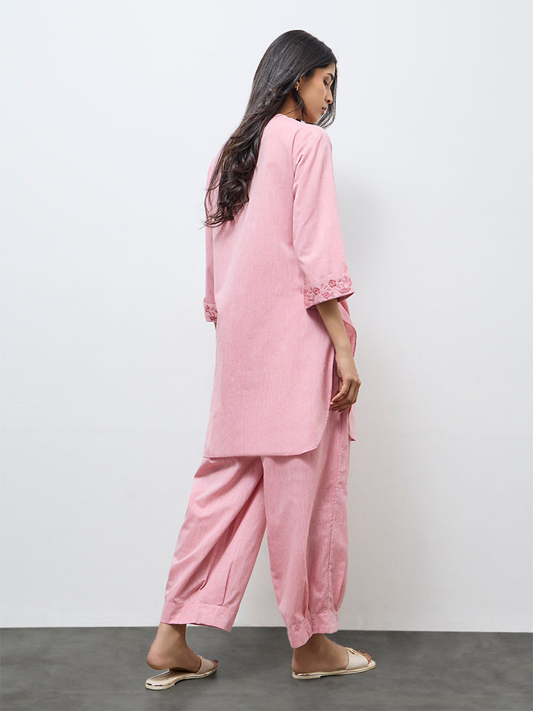 Utsa Light Pink Floral Embroidered Cotton A-Line Kurta