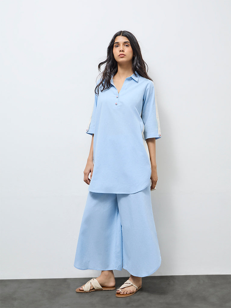 Utsa Light Blue Striped Cotton-Blend A-Line Kurta