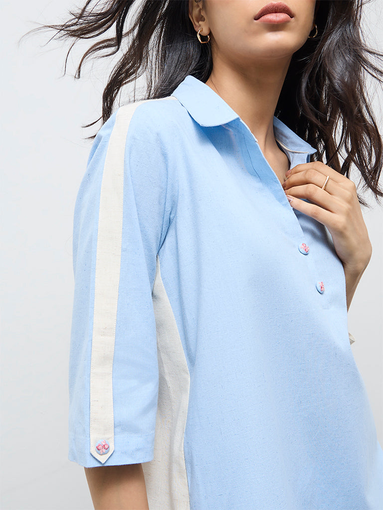 Utsa Light Blue Striped Cotton-Blend A-Line Kurta