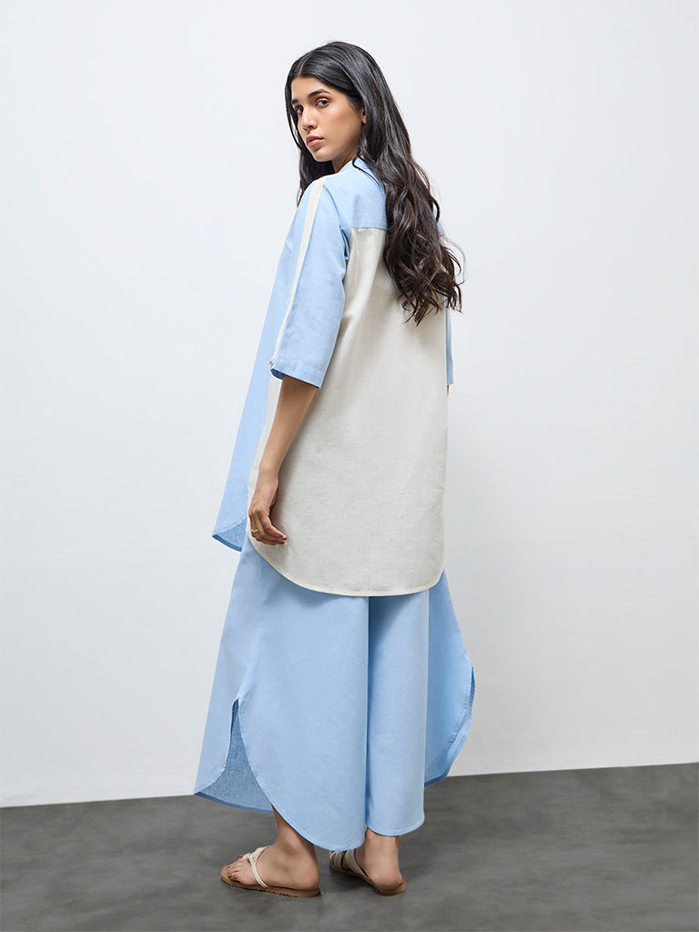 Utsa Light Blue Striped Cotton-Blend A-Line Kurta