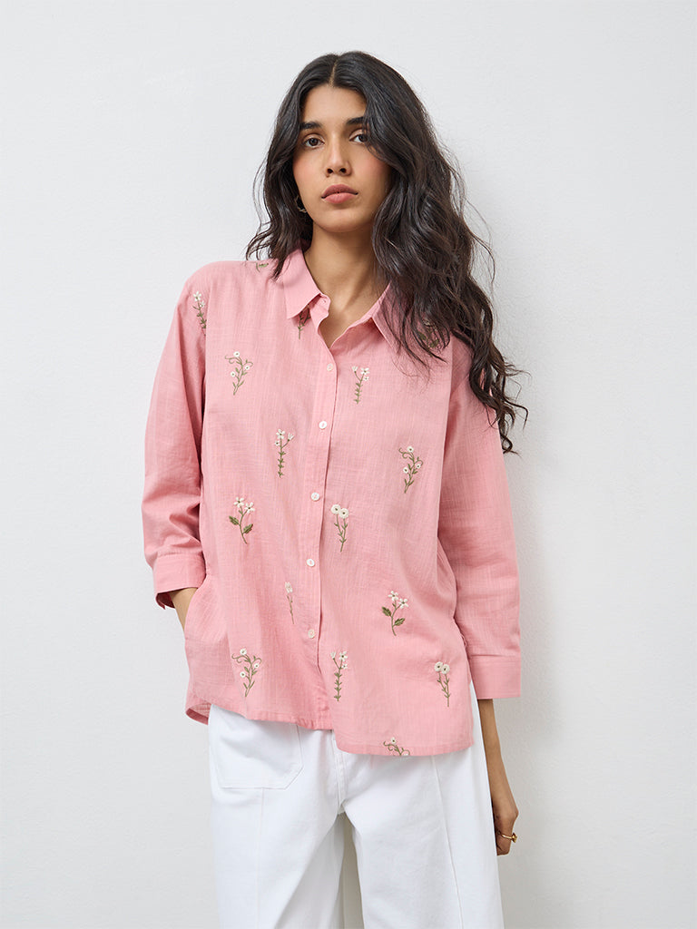 Utsa Pink Floral Embroidered Cotton Tunic