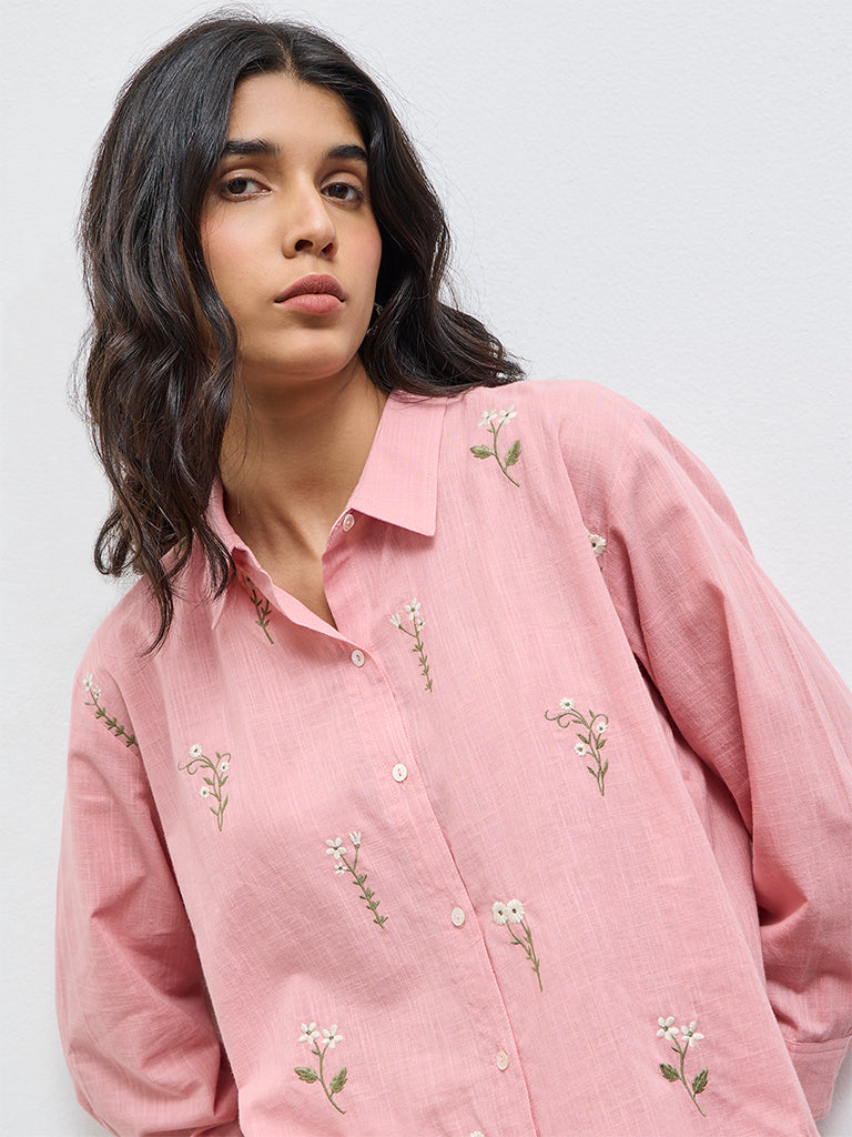 Utsa Pink Floral Embroidered Cotton Tunic