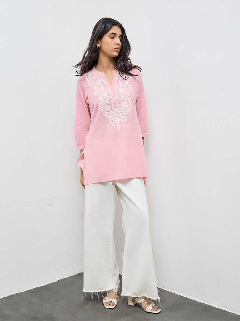 Utsa Dusty Pink Floral Embroidered Cotton Tunic