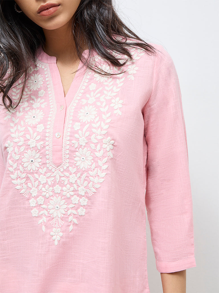 Utsa Dusty Pink Floral Embroidered Cotton Tunic