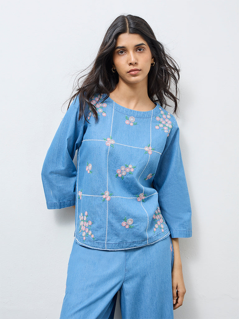 Utsa Light Blue Floral Embroidered Denim Tunic