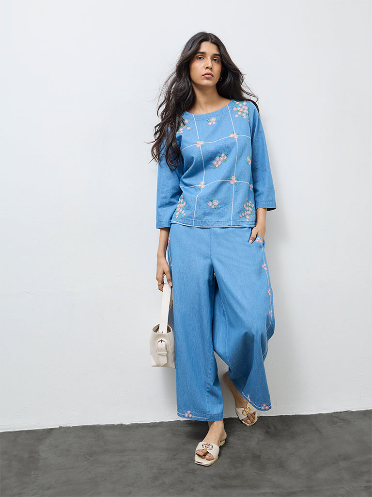 Utsa Light Blue Floral Embroidered Denim Tunic