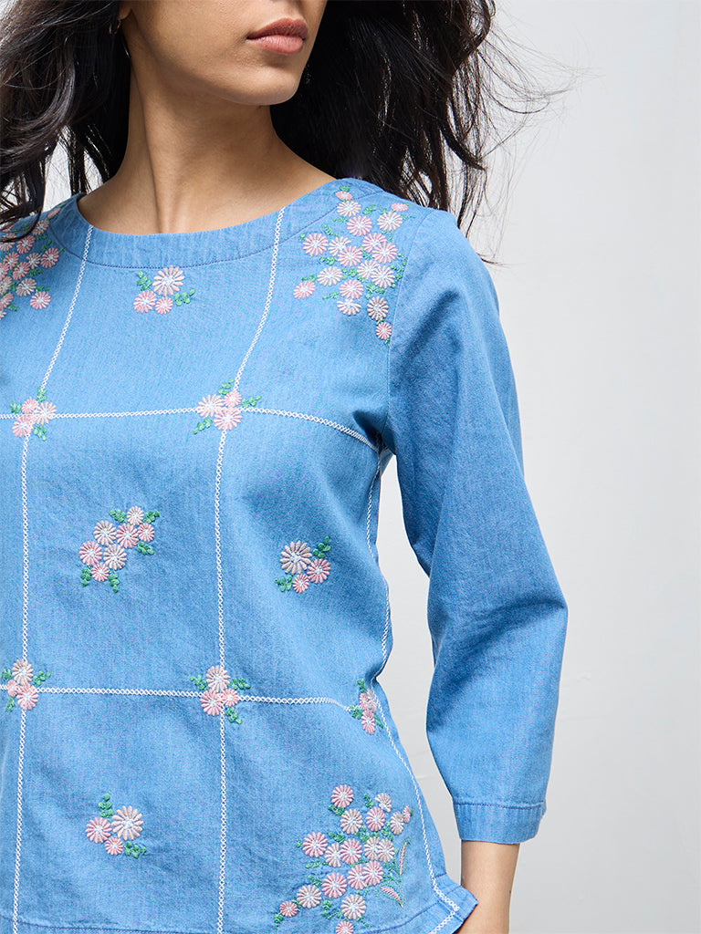 Utsa Light Blue Floral Embroidered Denim Tunic