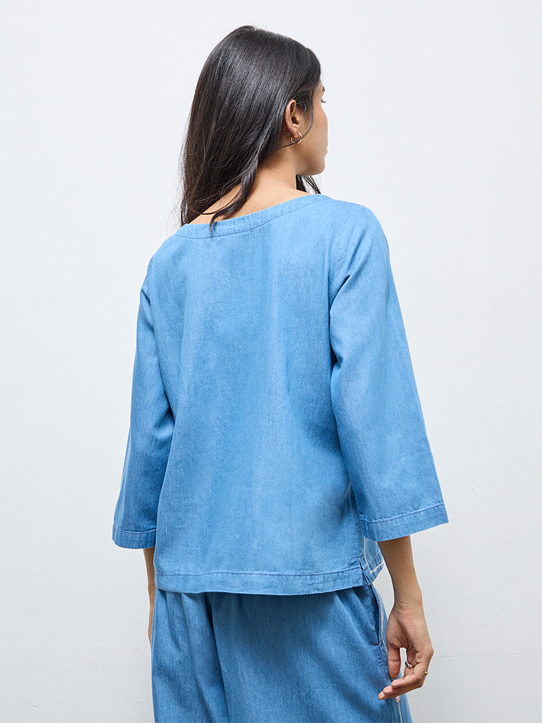 Utsa Light Blue Floral Embroidered Denim Tunic