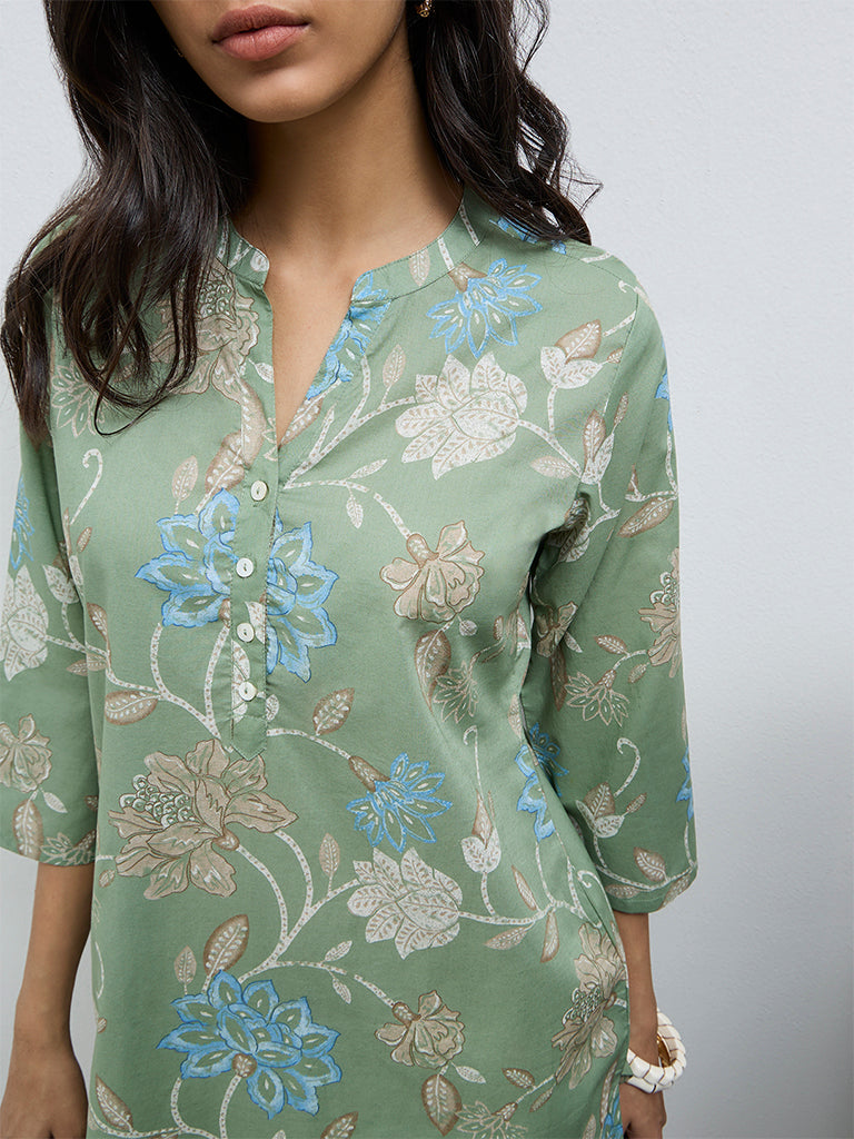 Utsa Green Floral Printed Cotton Straight Kurta