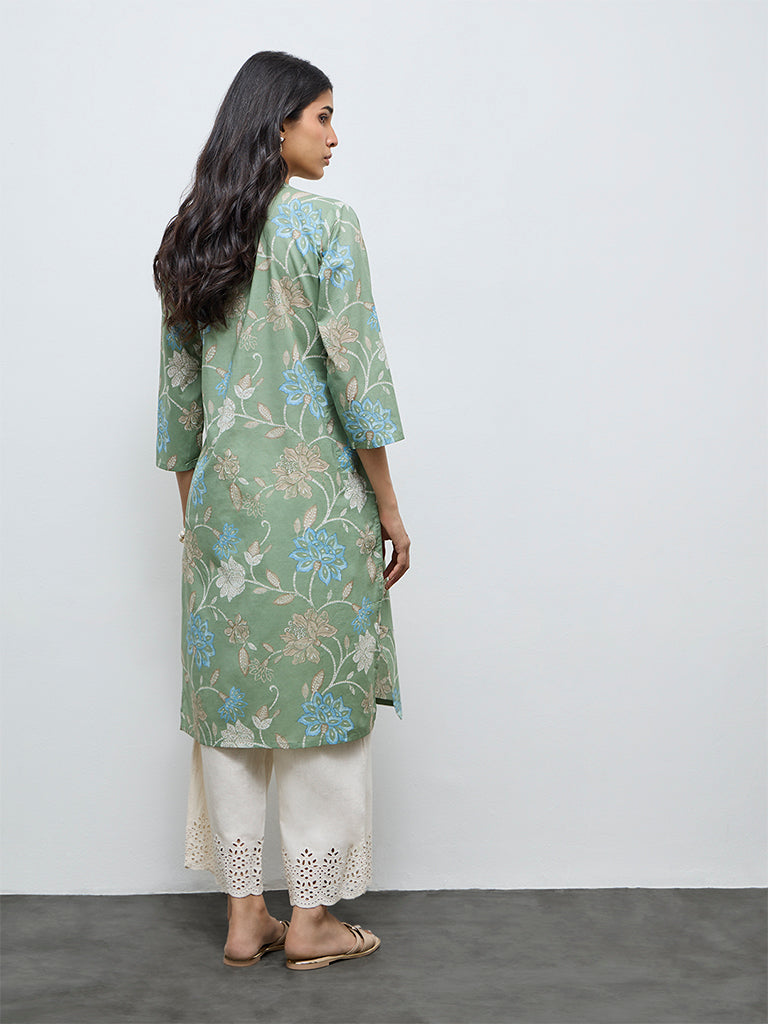 Utsa Green Floral Printed Cotton Straight Kurta
