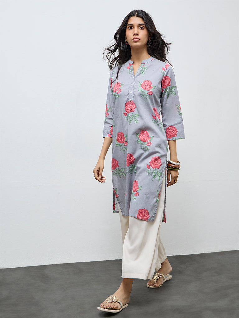 Utsa Grey Floral Straight Cotton Kurta