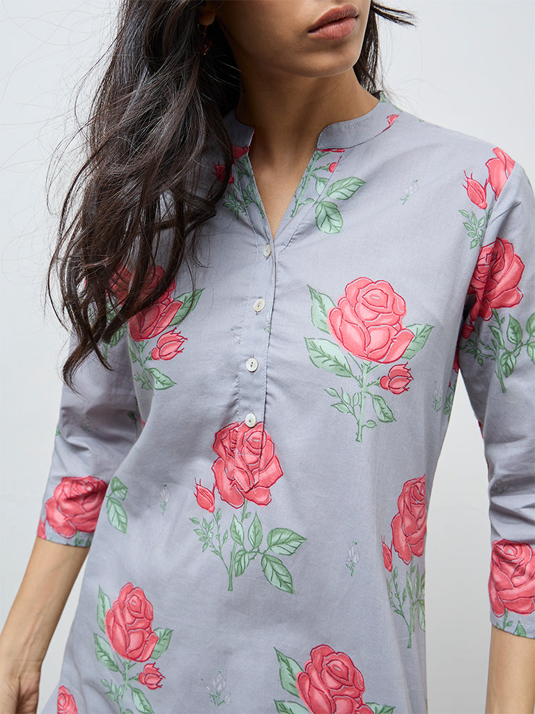 Utsa Grey Floral Straight Cotton Kurta